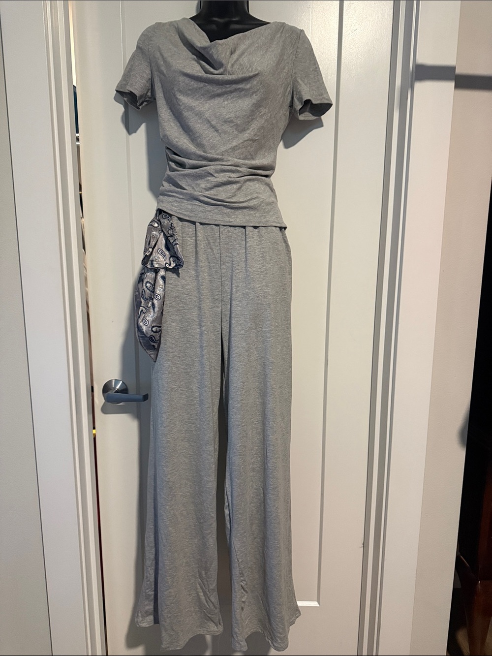 Reposhed Lizette,Gray Wide-Leg Jumpsuit with Cowl Neck & scarf  ***SEE PHOTOS***